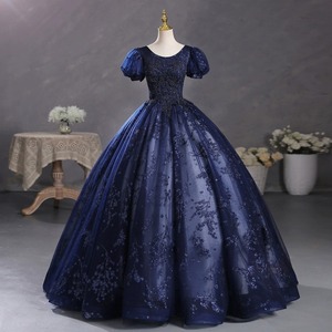 Navy Blue Ball Gown Dress With Puff Sleeves Floral Print Organza Empire Waistline Scoop Neckline Evening Gown For Performances - Product Image 1