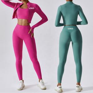 Set Personalizzato da <span class=keywords><strong>Donna</strong></span> per Allenamento in 3 Pezzi, Completo per Yoga e Fitness con Crop Top a Maniche Lunghe e Pantaloni, Abbigliamento da Palestra, Tuta Sportiva - Product Image 5
