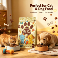 Sac pour aliments pour animaux de compagnie à fond plat imprimé sur mesure, à huit soudures latérales, avec fermeture éclair, en BOPP, VMPET, PE 140 microns, pour aliments pour chiens et chats