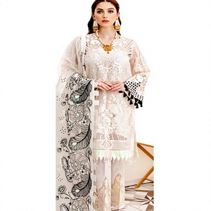 Elegante Salwar Kameez de Seda y Rayón Blanco para Mujer, con Bordado Negro, Corte Holgado, Largo hasta el Suelo, Estilo Indio-Pakistaní para Bodas y Eventos - Product Image 1