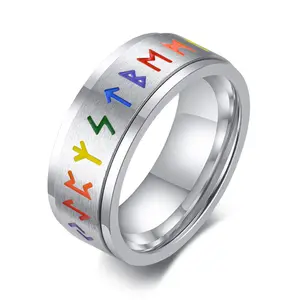 Trendy Rainbow Rune LGBT Gay Pride Rings 8mm Classic Dome Rotatable Stainless Steel Enamel Colored Ring Men Women Wedding Band