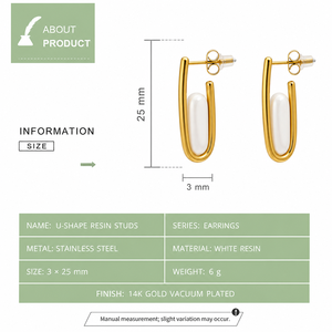 Boucles d'oreilles clous en résine en forme de U, acier inoxydable plaqué or 14 carats sous vide, incrustation blanche, bijoux géométriques modernes - Product Image 3
