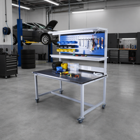 Table de travail industrielle robuste OEM en gros avec plateau en acier inoxydable, éclairage LED, panneau perforé, prises électriques et roulettes en PU pour atelier