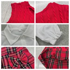 Abbigliamento per <span class=keywords><strong>Bambina</strong></span> Completo Casual da Tre Pezzi Camicia Bianca a Maniche Lunghe Gilet Rosso e Gonna a Quadri per Feste e Celebrazioni - Product Image 2