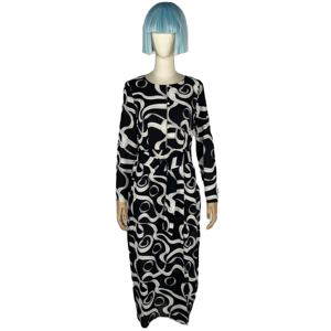 Femmes Moderne Minimaliste Tissé Écologique Noir Blanc Sinueux Abstrait Ondulé Imprimé Manches Longues Coupe Régulière Avant Drapé A-Line - Product Image 2