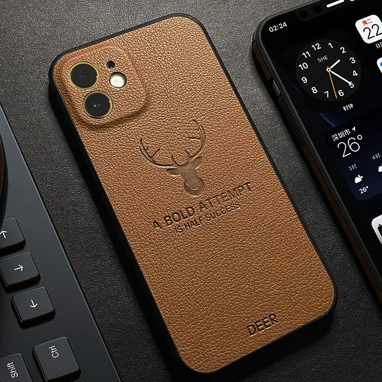 Hot Selling Deer Leather Cover Case Pu Tpu Hybrid Soft Rubber Cover Voor Iphone 12 Pro 13 Pro Max mobiele Gevallen