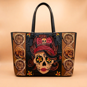 Hand Tooled Leather Large (>50cm) Weekender Duffel Bag Large Capacity Portable Shoulder Length Handle <b>Travel</b> <b>Tote</b> Zipper Closure - Product Image 1