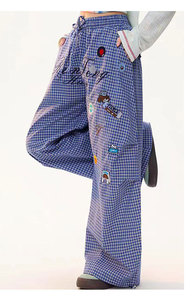 Pantalon large à carreaux bleus avec patchs, taille élastique, coupe décontractée, longueur cheville, style été pour femme - Product Image 3