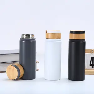 Custom logo 500 ml double wall white black vacuum insulated stainless steel sport water bottle with handle and Bamboo lid