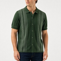 Kaos Rajut Pria Gaya Old Money Retro Preppy Hijau Putih Garis Vertikal Lengan Pendek Kancing Depan Penuh Rajutan Polo OEM ODM