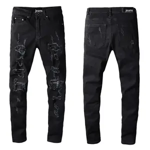 664 nouvelle vente chaude pantalon denim hommes été jeans impression pierre lavage pantalon déchiré peinture en aérosol jean mince