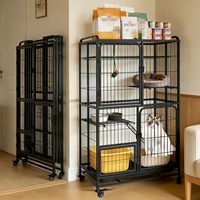 Cage pliable multi-niveaux noire pour chat, avec cadre en fer thermolaqué, roulettes mobiles, conception multi-portes, lit en peluche et grand espace intérieur