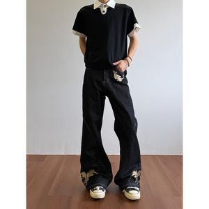 Jeans <span class=keywords><strong>Bootcut</strong></span> pour <span class=keywords><strong>Homme</strong></span> avec Broderie Dorée, Streetwear Hip Hop, Pantalon en Denim Noir Évasé - Product Image 2