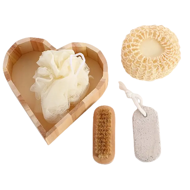 Juego de baño de madera de regalo de belleza de baño de Spa promocional de 5 uds que incluye cepillo de uñas de piedra de molienda de pie de bola ovalada de Sisal y Flor de baño