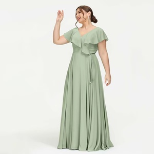 Robe de Demoiselle d'Honneur Longue en Chiffon Grande Taille Personnalisée avec Manches Volantées et Plissées – Vente en Gros - Product Image 4