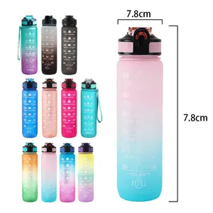Botella de agua motivacional para gimnasio, recipiente de agua de gran capacidad sin BPA, 32oz, 1L, con marcador de tiempo