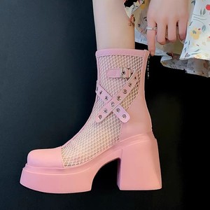 Bottines d'été roses à talons épais en maille pour femmes, bottes de style britannique à semelles épaisses, design rehaussant la silhouette - Product Image 3