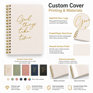Carnet à spirale en feuille d'or avec citation inspirante - Les bonnes choses prennent du temps - A5 - Personnalisé - 80 feuilles - <span class=keywords><strong>Journal</strong></span> d'écriture - Cadeau d'entreprise - Product Image 4