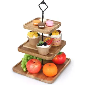 Acacia Gỗ Phục Vụ Khay 3 Tier Vuông Cupcake Đứng Bằng Gỗ Bánh Đứng Cho Đám Cưới, Sinh Nhật