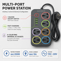 Stop Kontak 6 Lubang Universal dengan Kabel Ekstensi 2M, Colokan Serbaguna, 3 USB C untuk Pengisian Daya, Stop Kontak Dapur