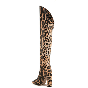 Bottes hautes pour femme à imprimé léopard avec fermeture éclair arrière, talon épais, bout pointu, coupe en V, grande taille 47 - Product Image 3