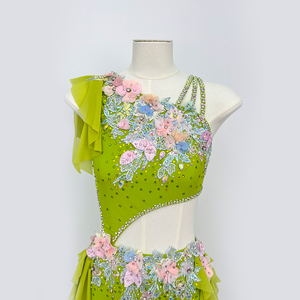 Traje de Danza Lírica Verde Lima con Pedrería Floral, Leotardo de Gimnasia Rítmica con Volantes de Malla, Atuendo de Competición de Danza del Vientre - Product Image 3