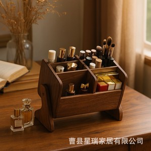 Solid Wood Cosmetic Organizer With Drawers <b>Makeup</b> Storage Rack Desktop Vanity Holder For Lipstick Brush Eyeshadow - Product Image 4