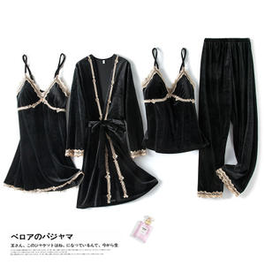 Autunno Inverno Oro Velluto Pigiama donne quattro-pezzo vestito di primavera a maniche lunghe abito sexy spogliatoio con il rilievo del seno vestito - Product Image 3