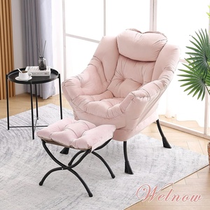 Canapé rembourré Fauteuil lounge moderne avec accoudoirs et poche latérale Fauteuil paresseux en tissu rose pour la maison avec pouf - Product Image 2