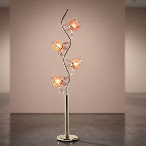 Statement Piece Lotus Flower Floor Lamp, Polished Gold Curved Stem 4 Pink Acrylic Glowing Petals Decor Lig - Product Image 1