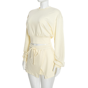 Viviblook D26ST274 Ensemble Automne Femme Col Rond Manches Longues Sweat-shirt et Mini-jupe à Cordon Ensemble Décontracté Deux Pièces - Product Image 3