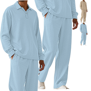Conjunto de Camisa y Pantalones de Punto para Hombre, Estilo Casual, Cuello Solapa, Manga Corta, Transpirable, Textura Arrugada, Dos Piezas, Ropa de Calle para Verano - Product Image 1