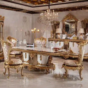 مخصص المنزل الفاخرة الملكي تصميم خشبية أعلى خشب متين يدوية المحمولة 6 كرسي أنيقة الفرنسية نمط طاولة طعام
