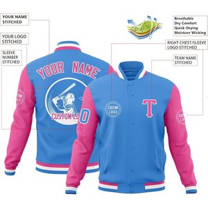 Chaqueta Varsity Personalizada Unisex para Adultos, Azul y Rosa, Chaqueta Bomber de Béisbol con Letras Personalizadas, Abrigo Casual Transpirable de Otoño con Cuello Camisero - Product Image 2