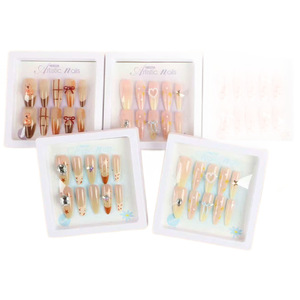 Ongles artistiques, faux ongles portables, longueur moyenne, acrylique, pour femmes et enfants, motifs aléatoires nœud et ciel étoilé - Product Image 5