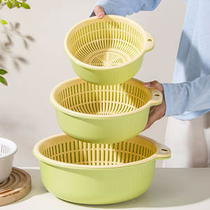 Double Layer Plastic <b>Colander</b> Set With Drain Basket For Vegetable Fruit Washing Kitchen Use Round Design Hand Wash Only - Product Image 2