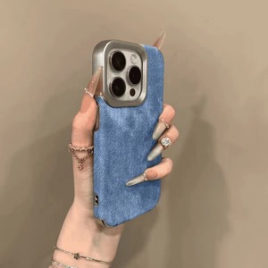 Coque de téléphone rétro en jean texturé de haute qualité pour iPhone 16 Pro Max, compatible avec iPhone 15 Pro, cadre électroplaqué pour iPhone 14, 13 Pro, 12 - Product Image 1