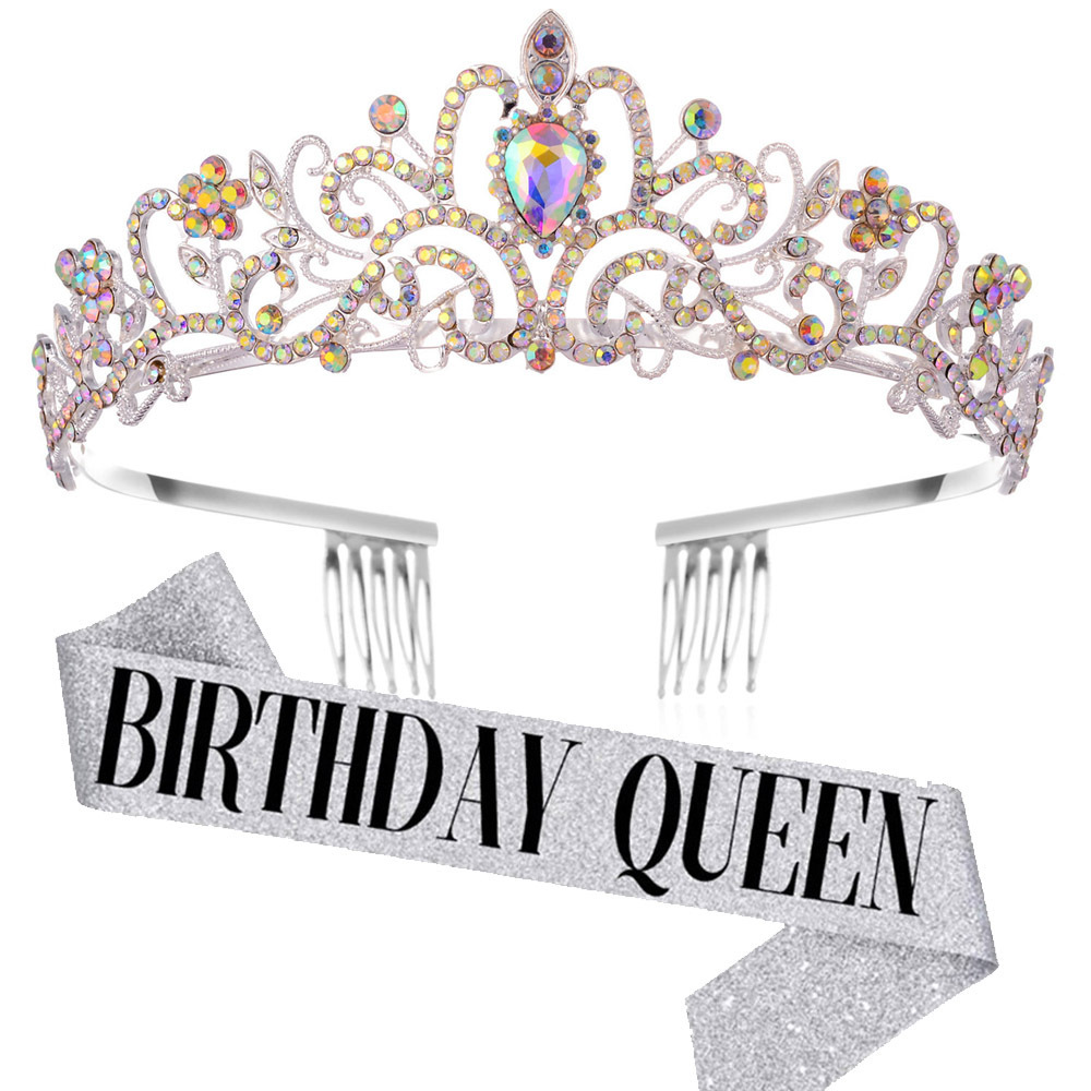 HPG2181 Hot Selling Fashion Birthday Party Crown Strap Queen Crown Ribbon Set Girl Queen Party Hair Accessories