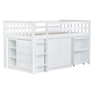White Solid Wood <b>Kids</b> Mid-High Bed With <b>Storage</b> Drawers And Desk For Bedroom - Product Image 5