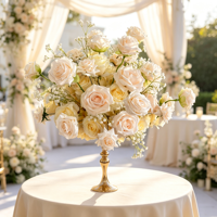 Vente en gros de fleurs artificielles élégantes de couleur champagne, centres de table blancs, boule de fleurs de table, rose, décoration de table principale, fournitures de décoration de mariage