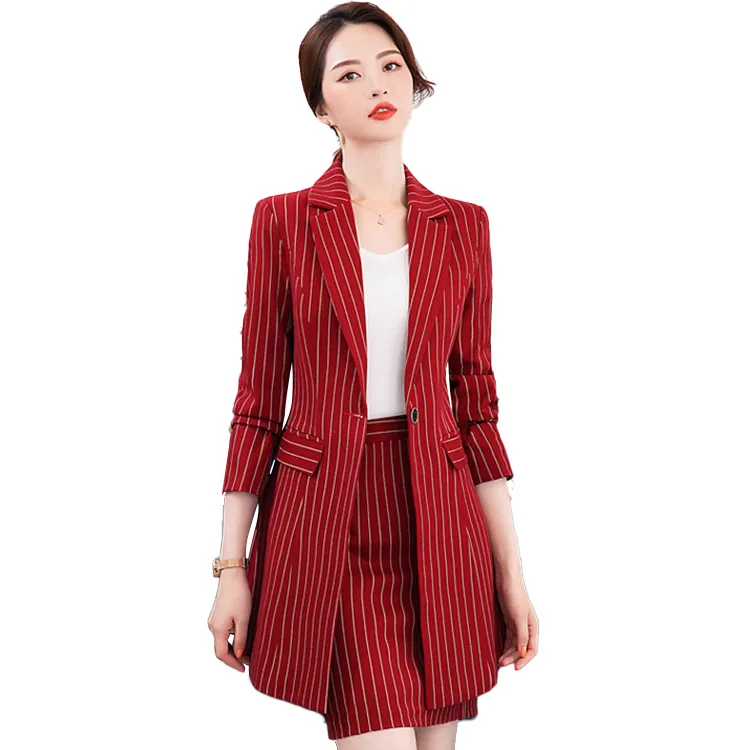 new Korean version mid-length red striped suit temperament professional ladies suit