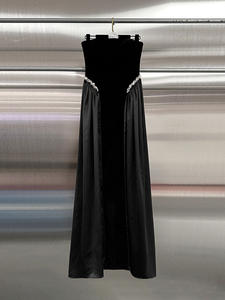 Elegante lange gala-jurk op maat gemaakte parel strapless A-lijn slanke gala-jurk zwarte satijnen avondjurk met pailletten - Product Image 6