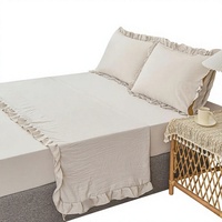 Parure de draps en microfibre à motif uni, poches profondes, design à volants en dentelle, style shabby chic, drap-housse de luxe et taies d'oreiller