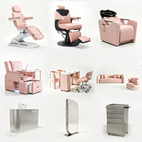 Ensemble de mobilier haut de gamme pour salon de beauté : Lit de massage, fauteuil de barbier et fauteuil de lavage, comptoir de réception moderne, pack salon rose