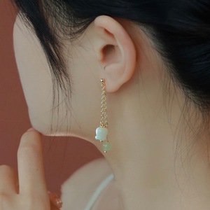 Natural Hetian Jade Drop Earrings Bell Shape Chain White Mother Of Pearl Lily Of The Valley Stud Earrings For Autumn Winter - Product Image 4