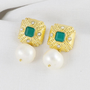 New Arrival Gold Plated Brass Pearl and Green onyx Statement Cushion Earrings For Girls - Product Image 2