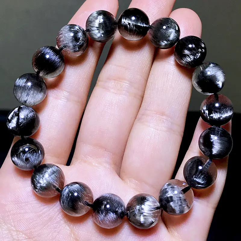 High Grade Wholesale Natural Black tourmaline bracelet Crystal 8-14mm Black Rutilated Quartz beads crystal black rutilated Brace