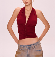 2025 fiesta moda Hit nuevo diseño profundo cuello en V azul Halter malla botón superior decoración transpirable tejido de punto ecológico