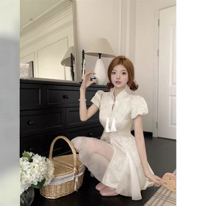 Traditional Chinese Dress Women Light Pink Short Sleeve Solid Color Splicing Irregular Party Dress Polyester Fabric - Product Image 4