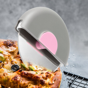 Gray Pink Round Pizza Cutter Stainless Steel With Protective Cover For Easy Pizza <b>Slicing</b> - Product Image 1